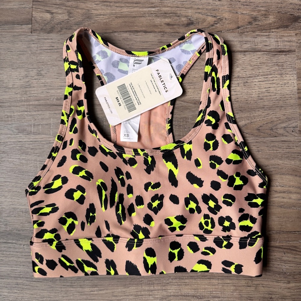 Fabletics Leopard Print Sports Bra - Neon Yellow and Black - Size XS - New!